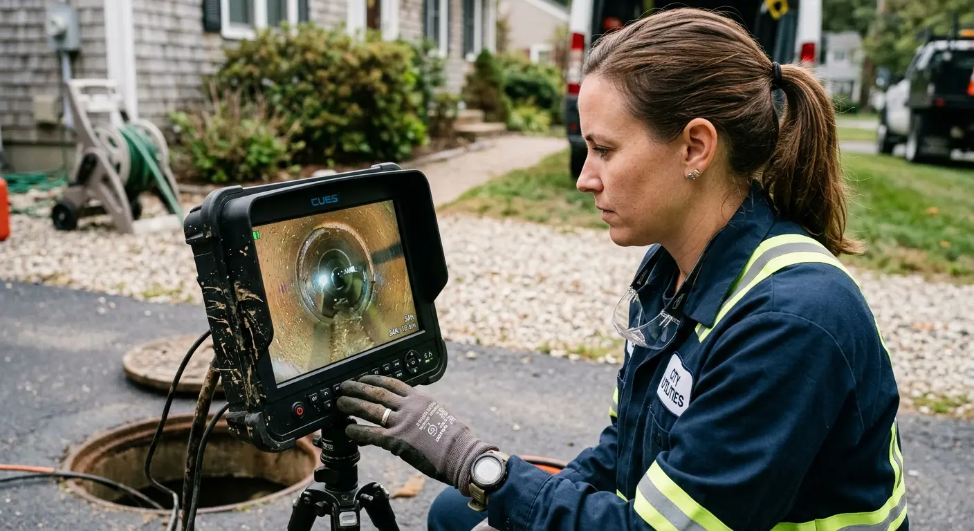Technician reviewing sewer camera inspection footage in Roseland