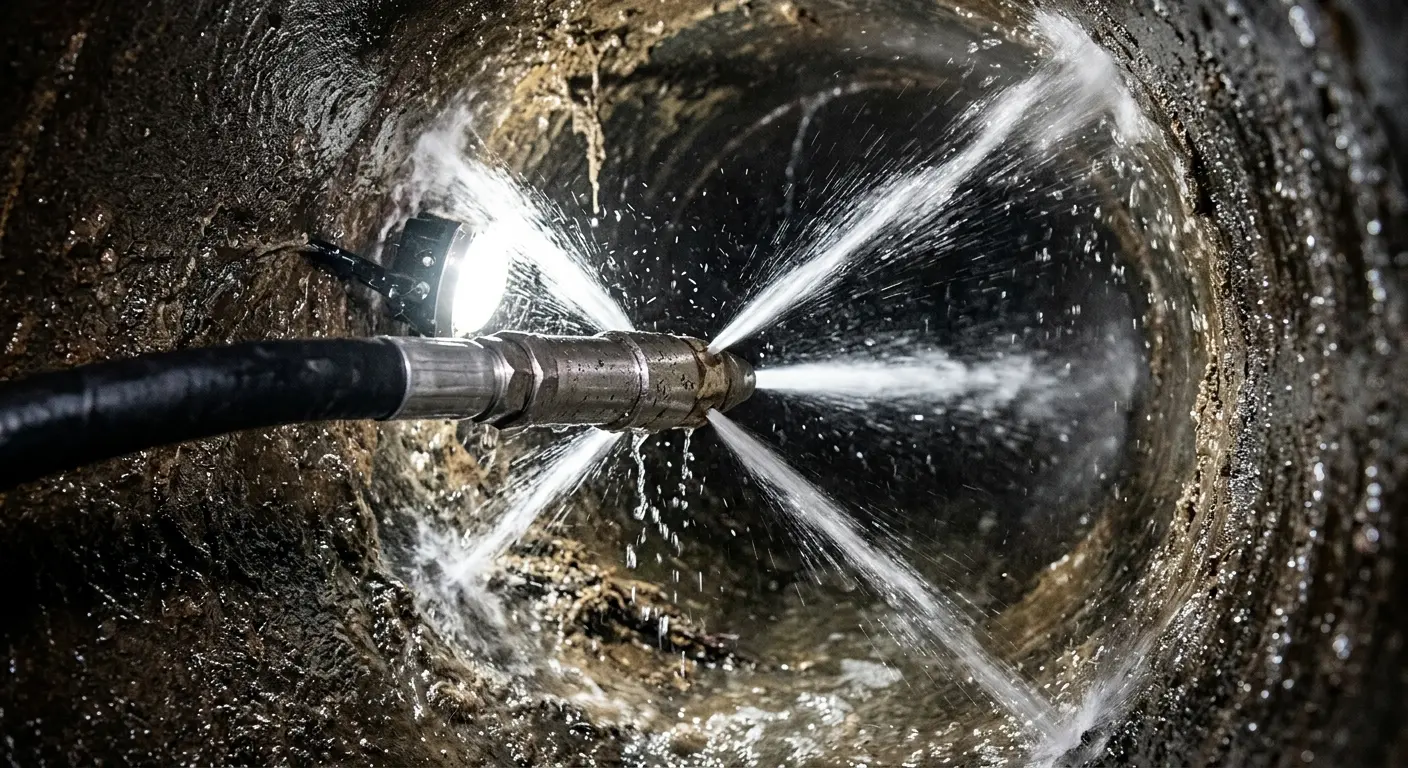 High-pressure hydro jetting nozzle cleaning sewer pipe for Trenchless Sewer Repair in Roseland