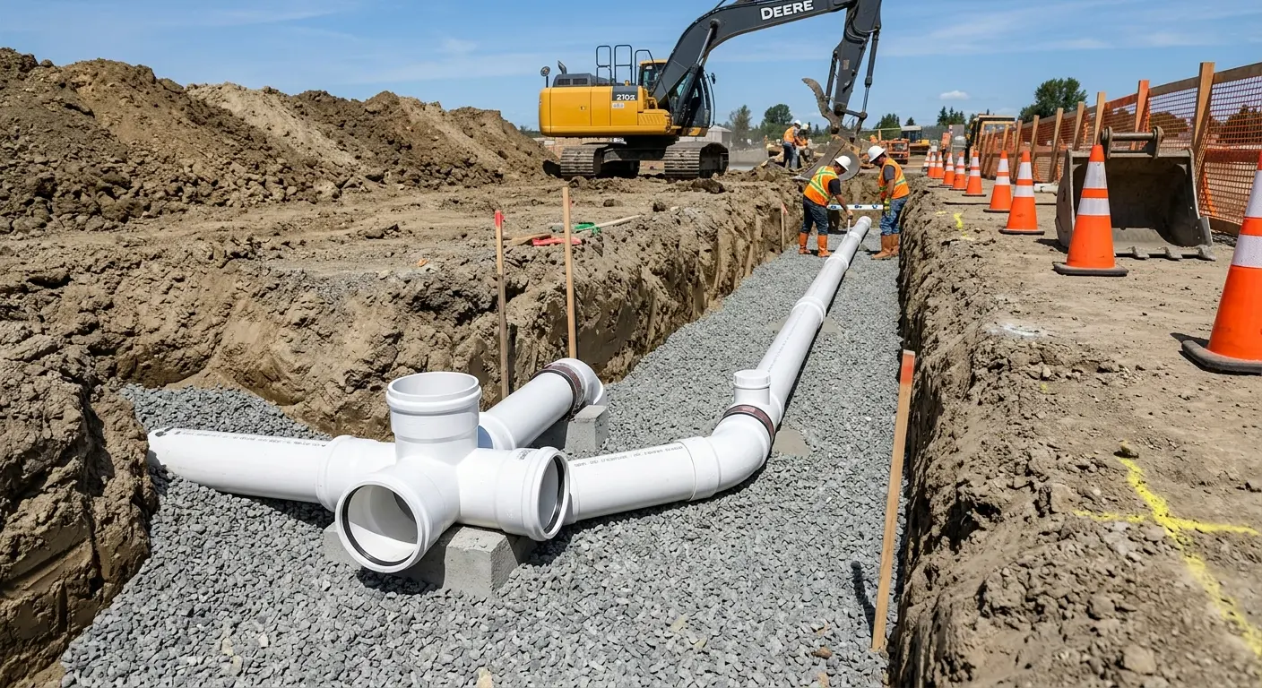 New PVC sewer pipe installation in open trench for Sewer Backup in Roseland
