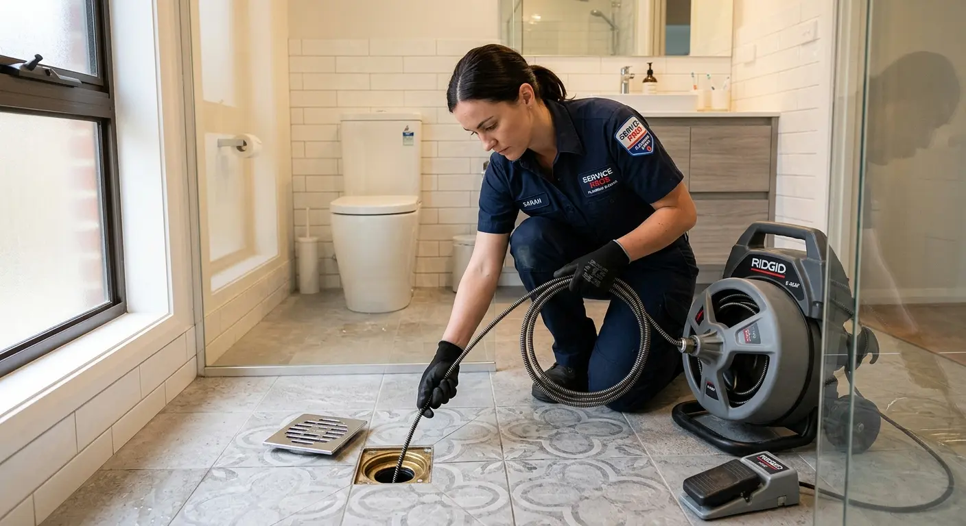 Technician clearing a bathroom floor drain for Hydro Jetting in Roseland